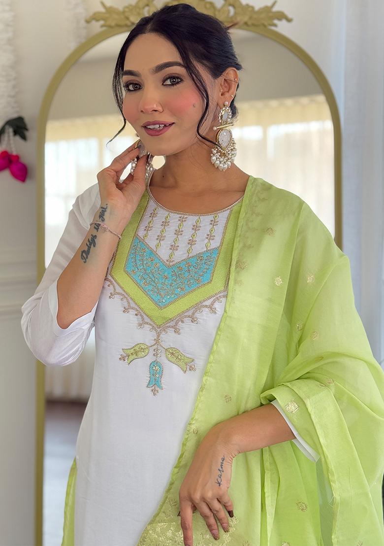 White Embroidered Chanderi Salwar Kameez