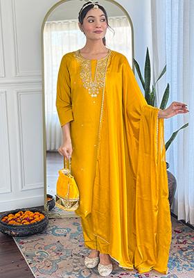 Mustard Yellow Embroidered Chanderi Salwar Kameez
