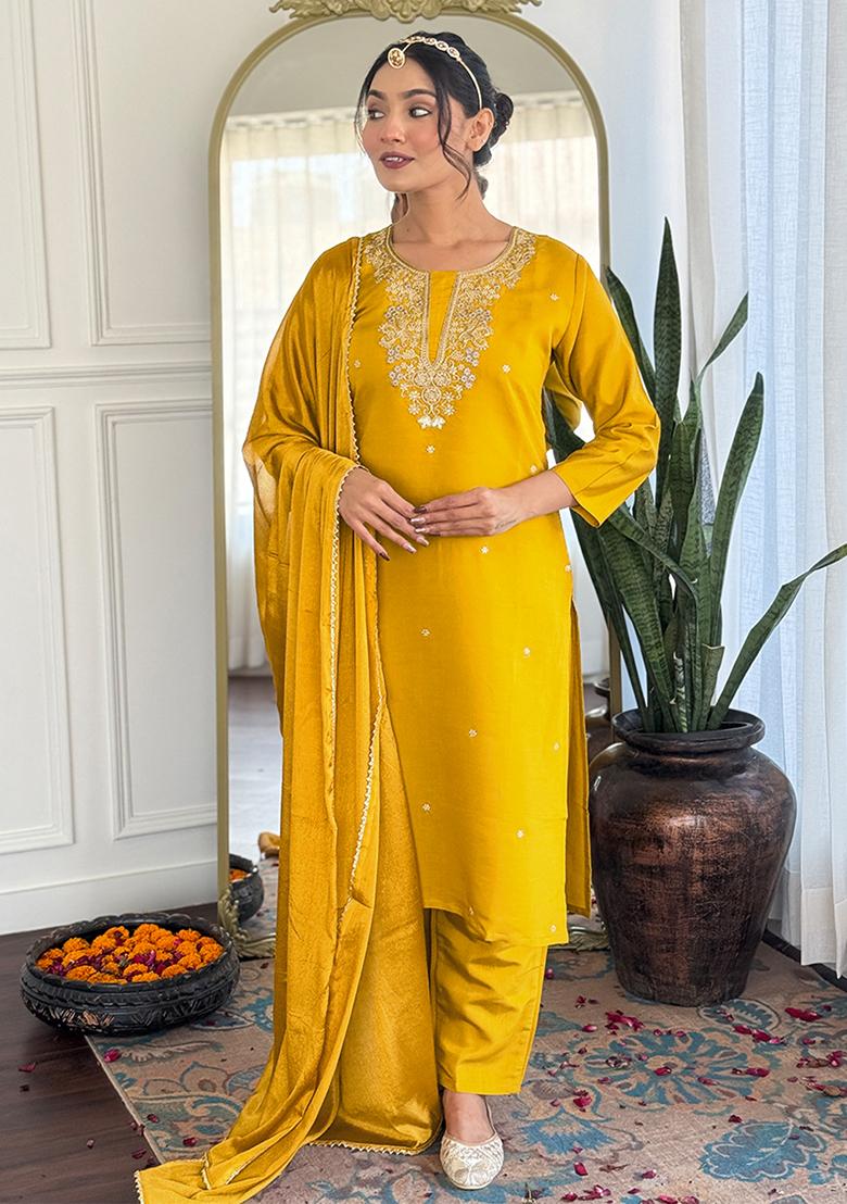 Mustard Yellow Embroidered Chanderi Salwar Kameez