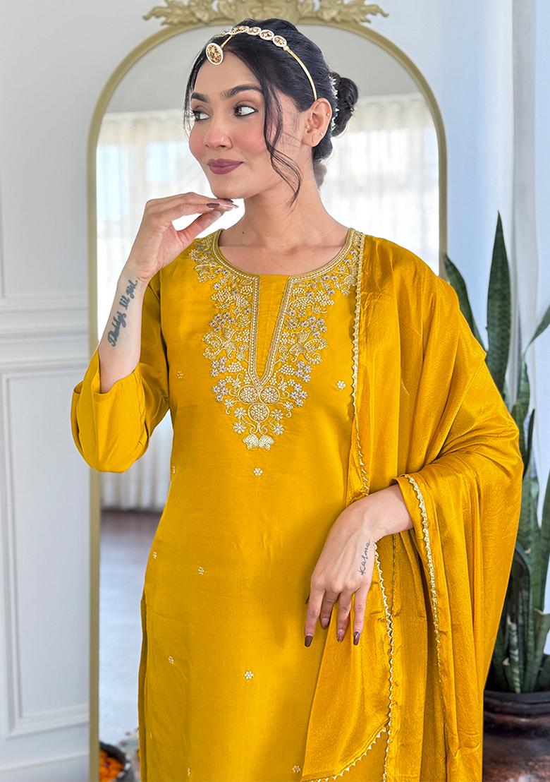 Mustard Yellow Embroidered Chanderi Salwar Kameez