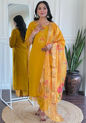 Mustard Yellow Embroidered Chanderi Salwar Kameez With Dupatta
