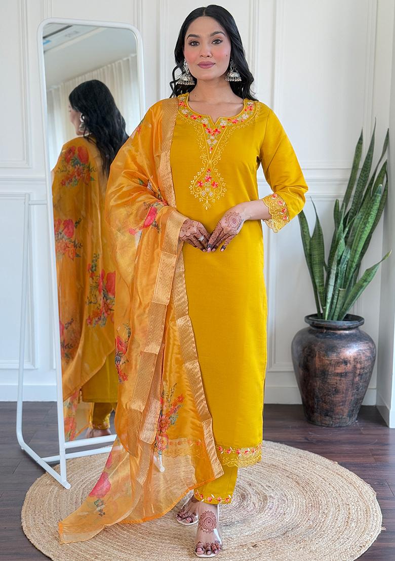 Mustard Yellow Embroidered Chanderi Salwar Kameez