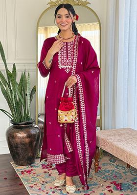 Burgundy Embroidered Rayon Salwar Kameez