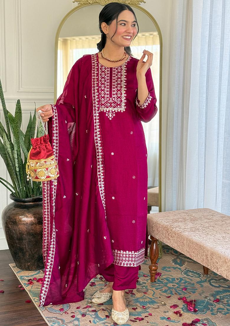 Burgundy Embroidered Rayon Salwar Kameez