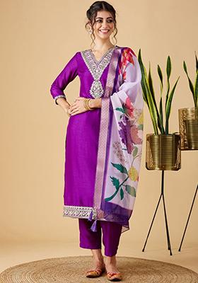 Wine Embroidered Chinon Salwar Kameez