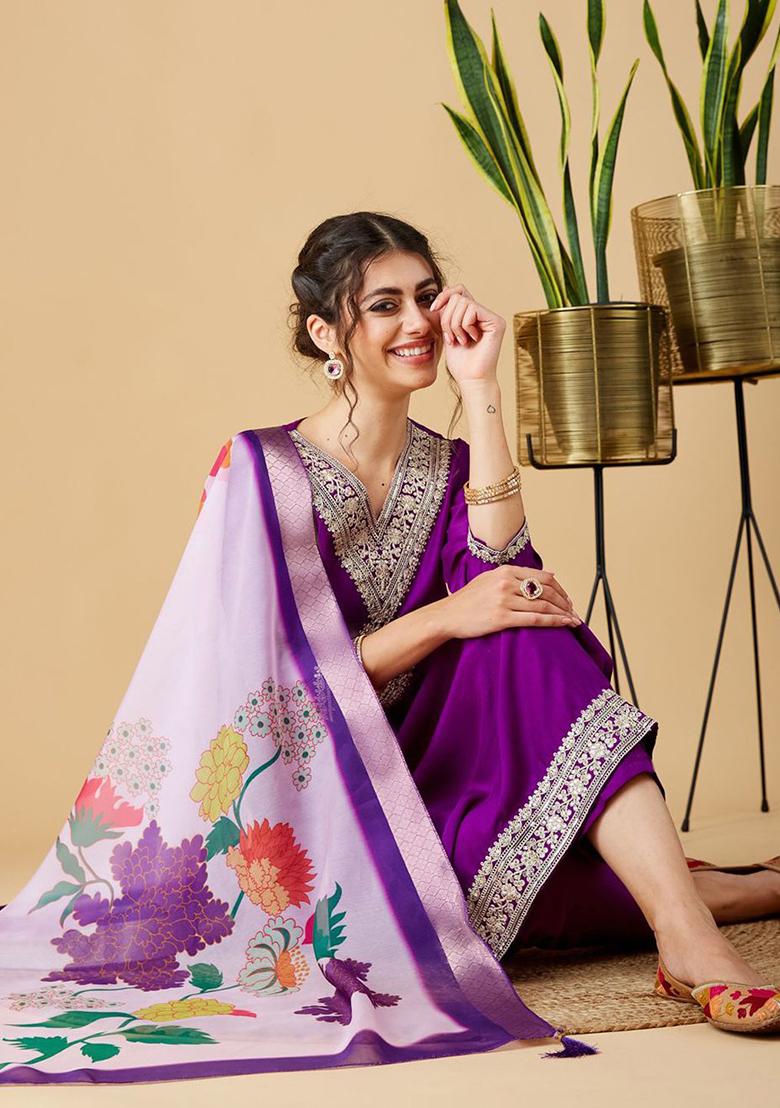 Wine Embroidered Chinon Salwar Kameez