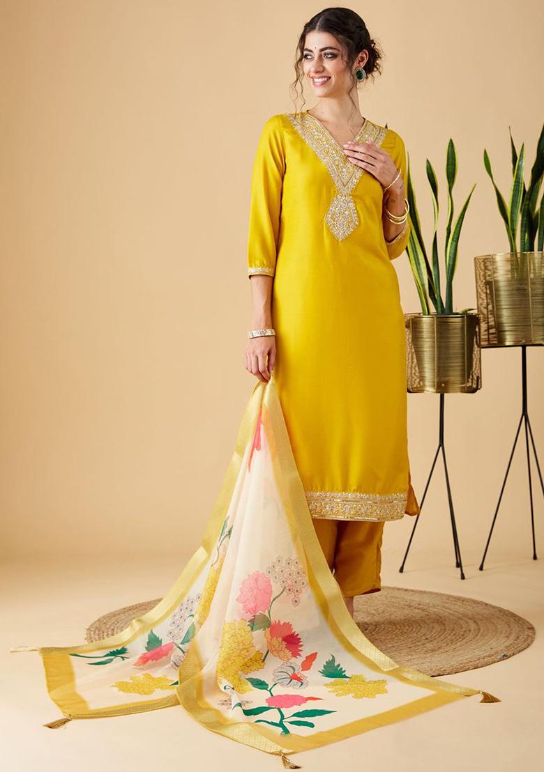 Yellow Embroidered Chinon Salwar Kameez