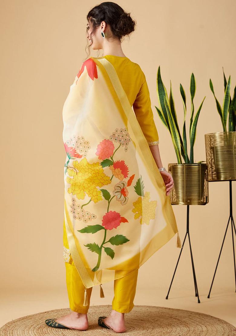 Yellow Embroidered Chinon Salwar Kameez