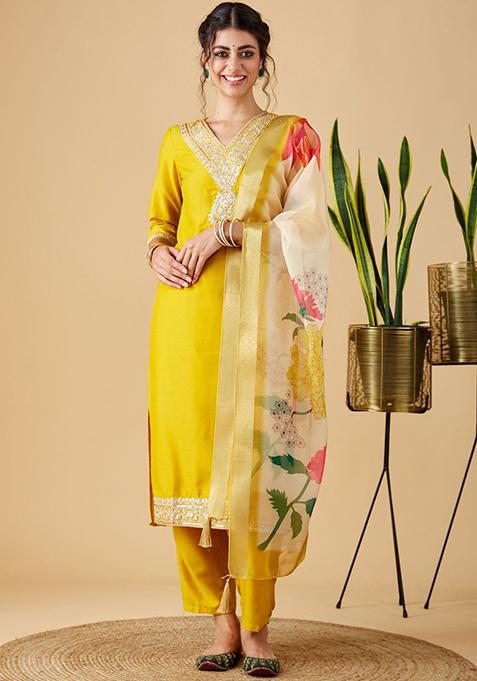 Yellow Embroidered Chinon Salwar Kameez With Dupatta