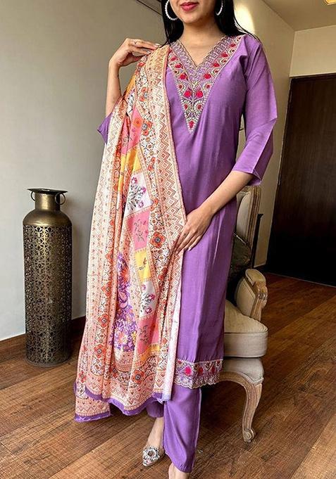 Lavender Embroidered Silk Salwar Kameez With Dupatta