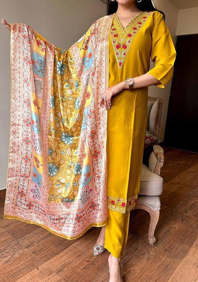 Mustard Yellow Embroidered Silk Salwar Kameez