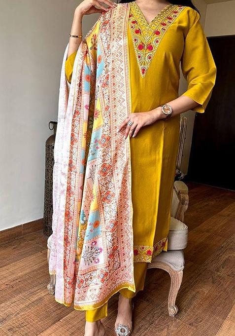 Mustard Yellow Embroidered Silk Salwar Kameez With Dupatta