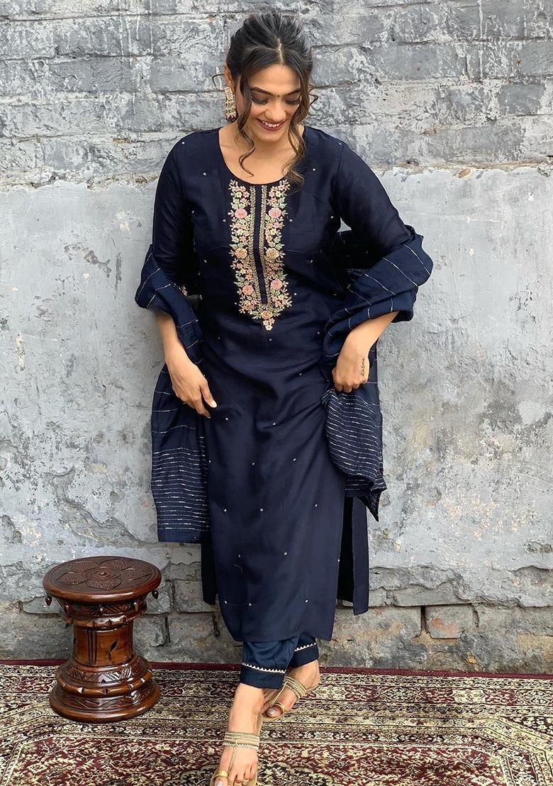 Navy Blue Embroidered Chanderi Salwar Kameez