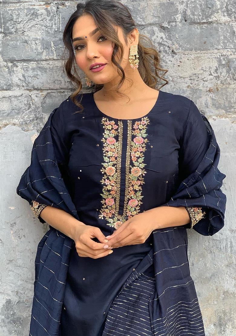 Navy Blue Embroidered Chanderi Salwar Kameez
