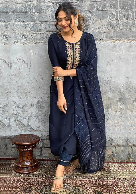 Navy Blue Embroidered Chanderi Salwar Kameez With Dupatta