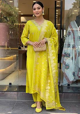 Lemon Green Embroidered Chanderi Salwar Kameez With Dupatta