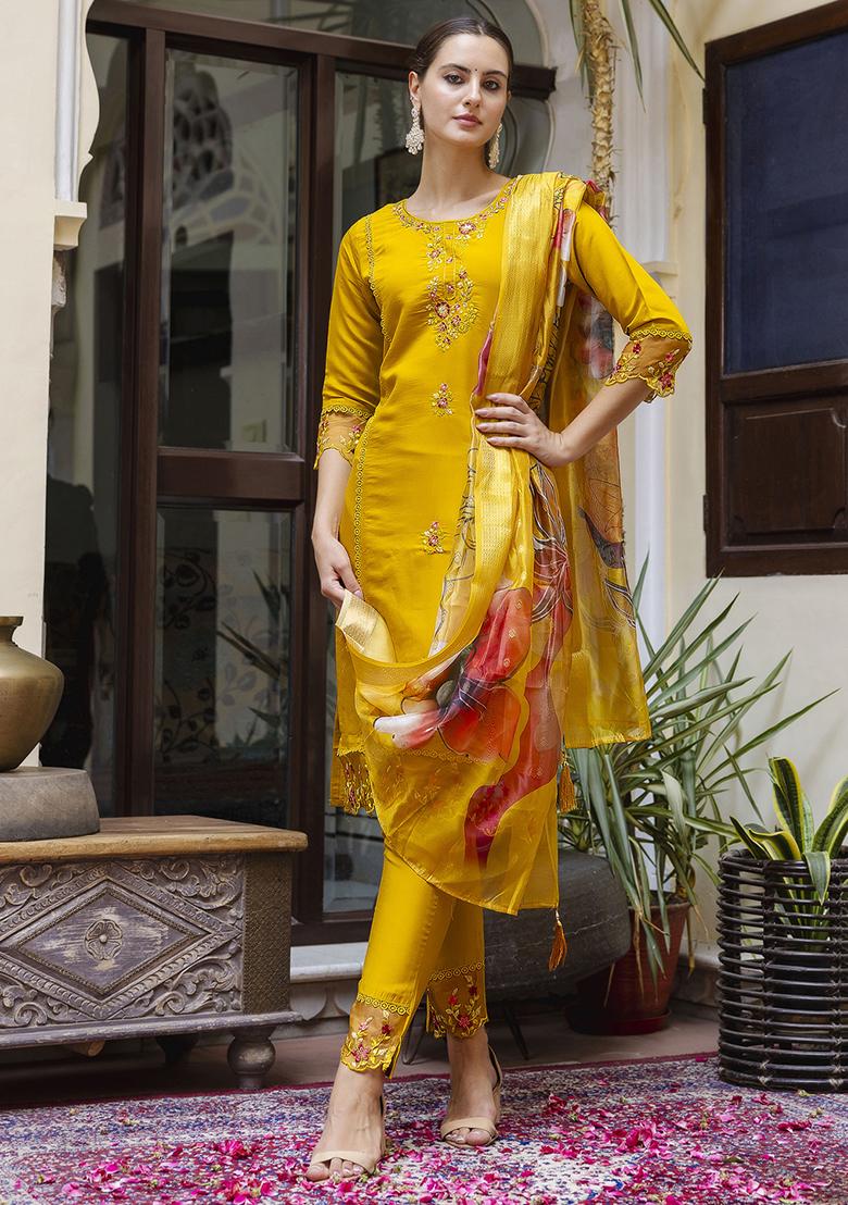 Mustard Yellow Embroidered Silk Salwar Kameez