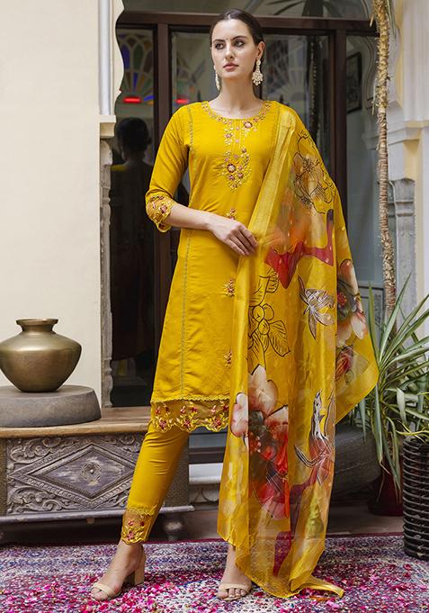 Mustard Yellow Embroidered Silk Salwar Kameez With Dupatta