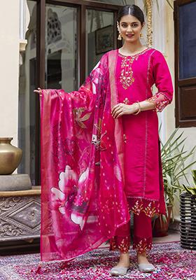 Pink Embroidered Silk Salwar Kameez With Dupatta