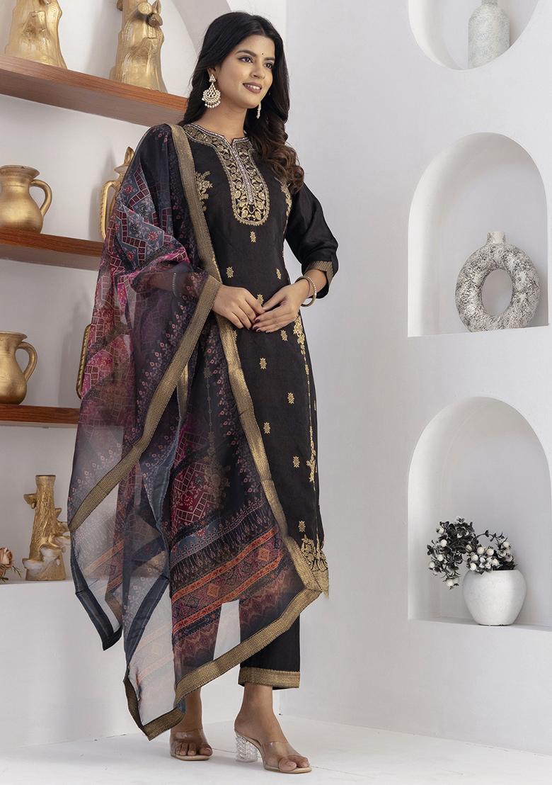 Black Printed Silk Salwar Kameez