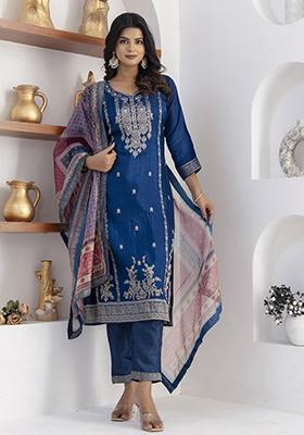Blue Printed Silk Salwar Kameez