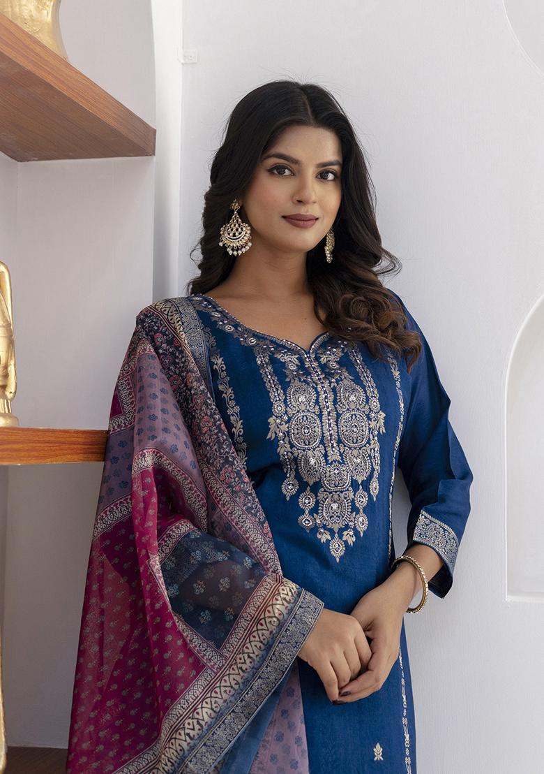 Blue Printed Silk Salwar Kameez