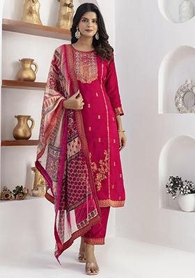 Cherry Red Printed Silk Salwar Kameez