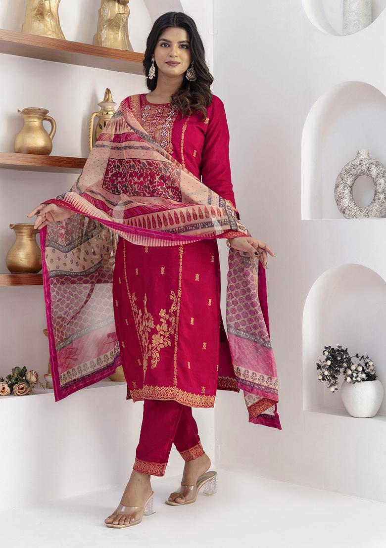 Cherry Red Printed Silk Salwar Kameez