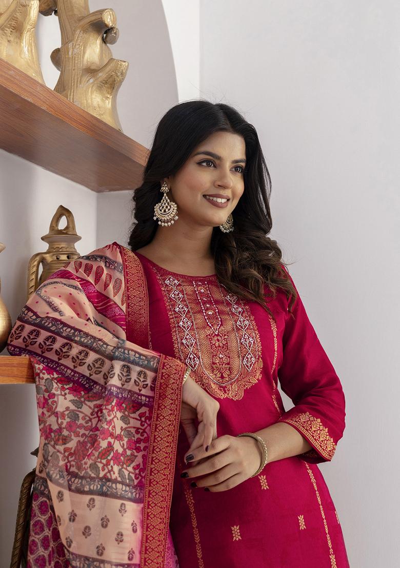 Cherry Red Printed Silk Salwar Kameez