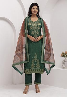 Green Printed Silk Salwar Kameez