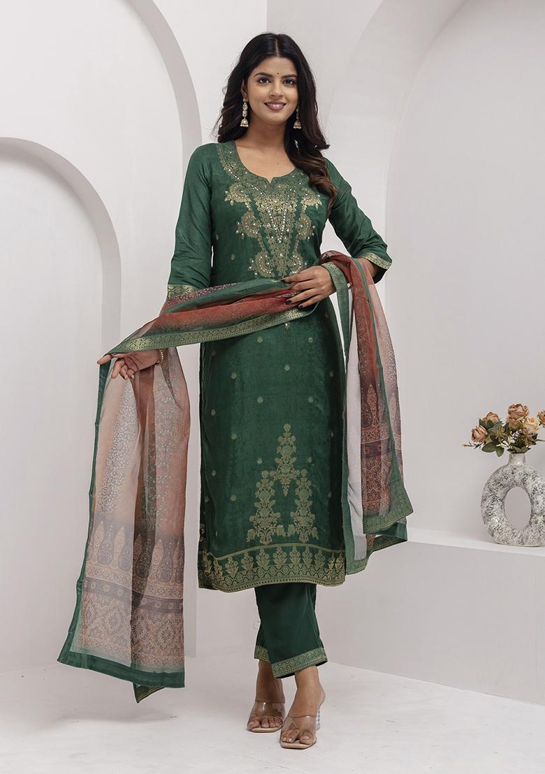 Green Printed Silk Salwar Kameez
