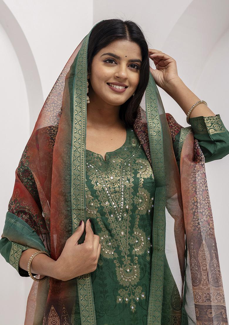 Green Printed Silk Salwar Kameez