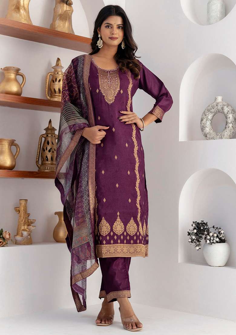 Purple Printed Silk Salwar Kameez With Dupatta - Indya