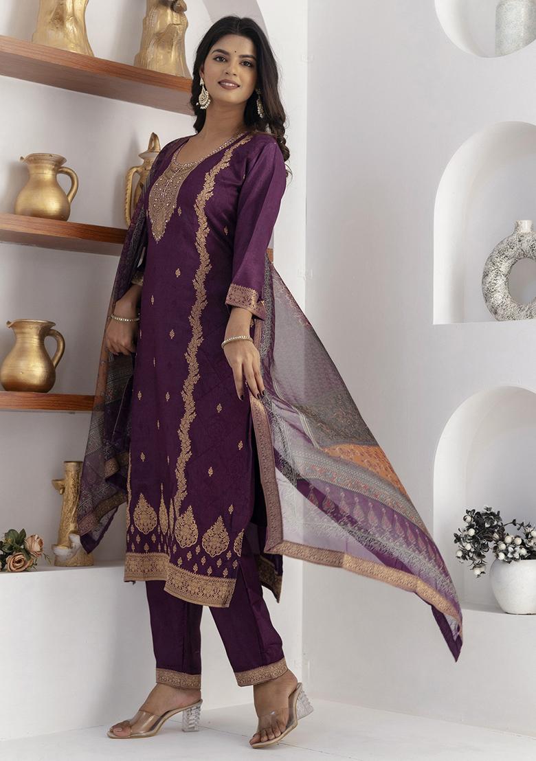 Purple Printed Silk Salwar Kameez