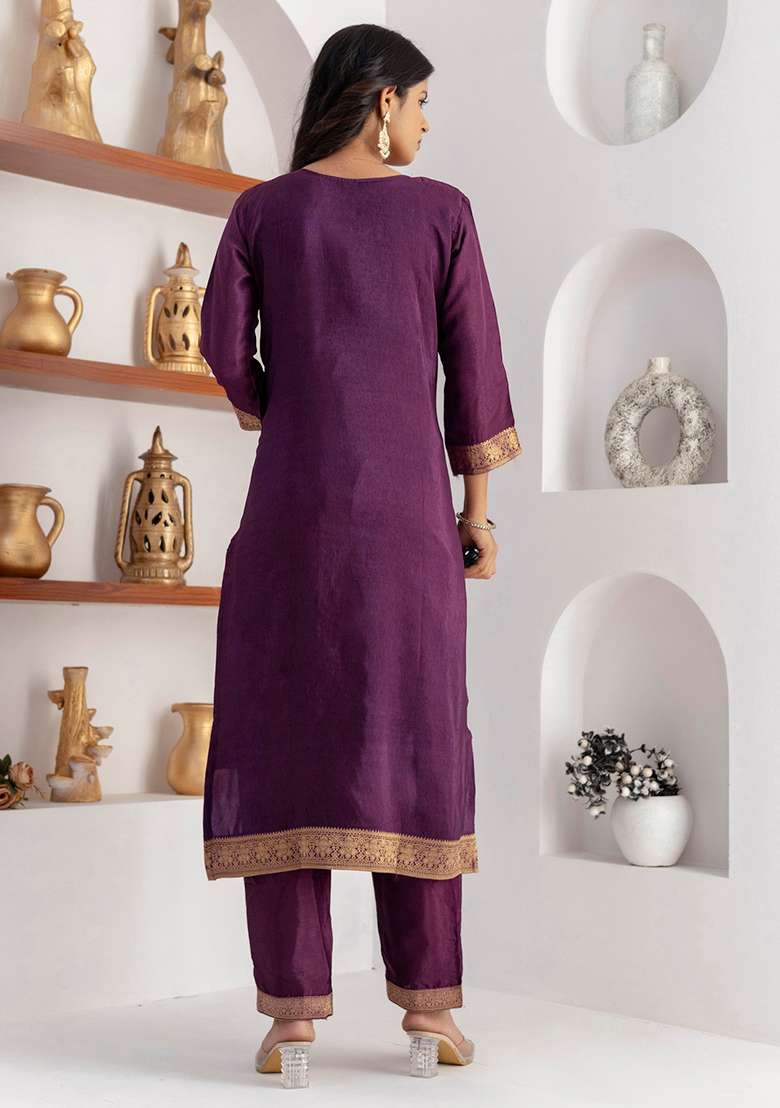 Purple Printed Silk Salwar Kameez With Dupatta - Indya