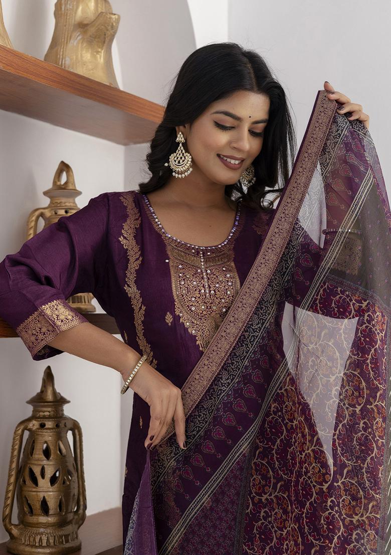 Purple Printed Silk Salwar Kameez