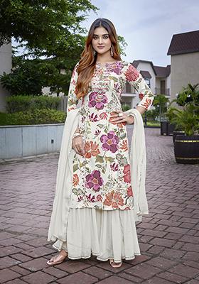 Off White Embroidered Viscose Salwar Kameez