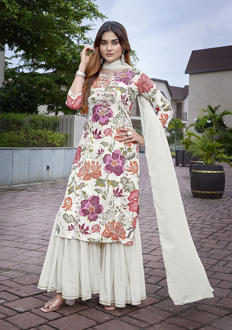 Off White Embroidered Viscose Salwar Kameez