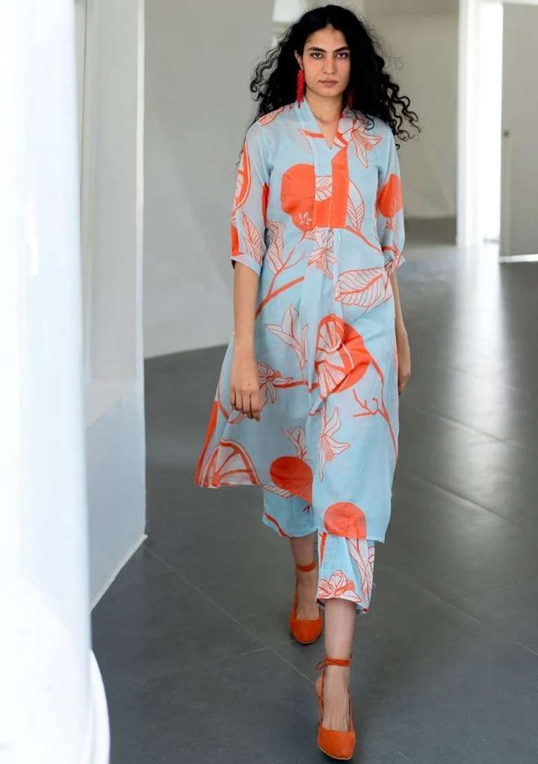 Sky Blue Printed Viscose Salwar Kameez - Indya