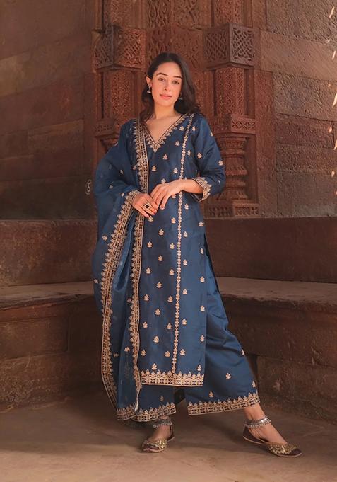 Blue Embroidered Silk Salwar Kameez With Dupatta