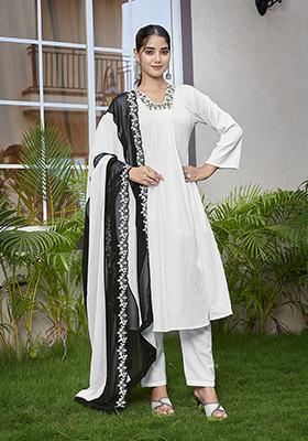 White Solid Viscose Salwar Kameez With Dupatta