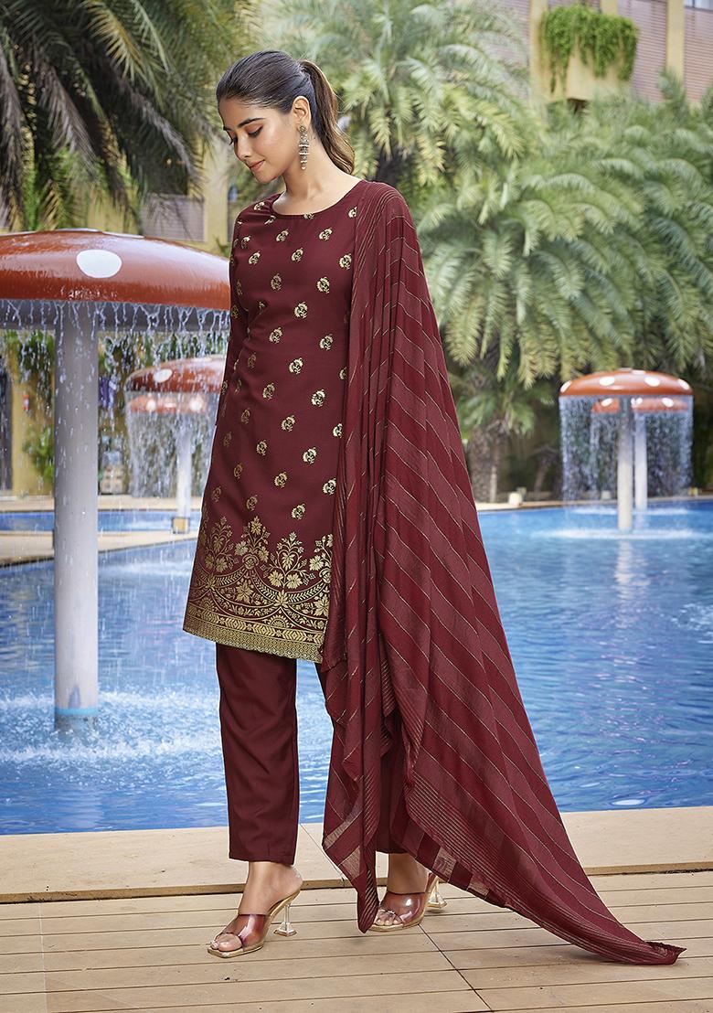 Maroon Printed Crepe Salwar Kameez