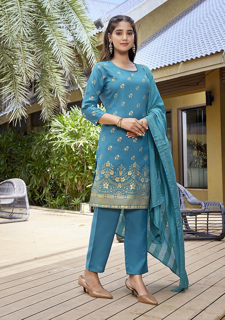 Turquoise Blue Printed Crepe Salwar Kameez