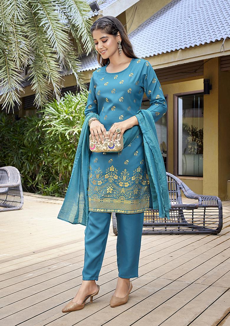 Turquoise Blue Printed Crepe Salwar Kameez
