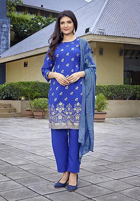 Royal Blue Printed Crepe Salwar Kameez With Dupatta