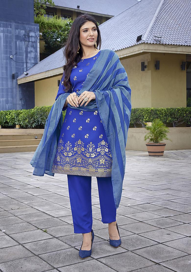 Royal Blue Printed Crepe Salwar Kameez