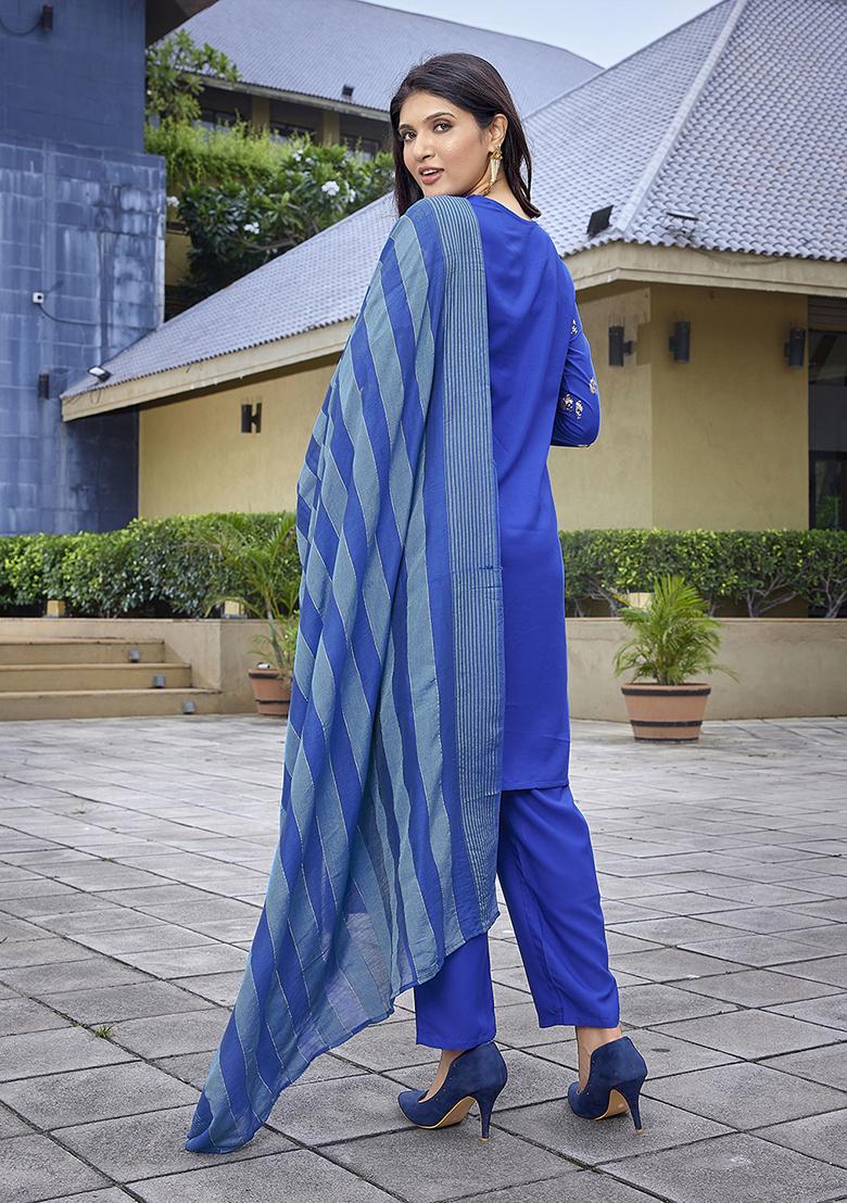 Royal Blue Printed Crepe Salwar Kameez