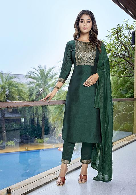 Green Printed Silk Salwar Kameez With Dupatta