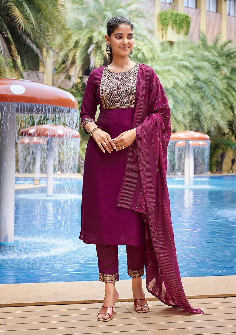 Purple Printed Silk Salwar Kameez With Dupatta - Indya