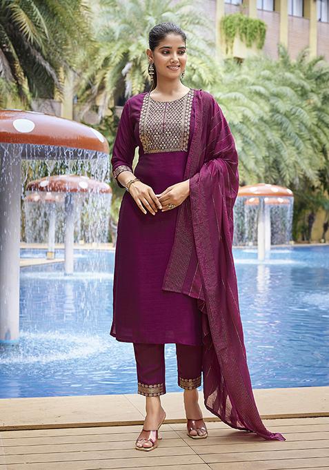 Purple Printed Silk Salwar Kameez With Dupatta